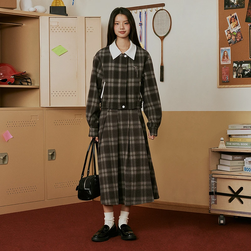 NEOTCG秋款千金套装薄款拼皮格子长袖复古学院风高腰半身裙套装