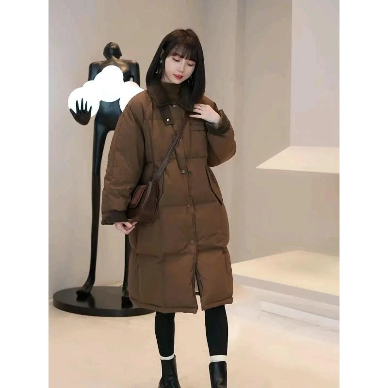 2023年冬季宽松显瘦加厚保暖中长款韩版翻领灯芯绒白鸭绒羽绒服女