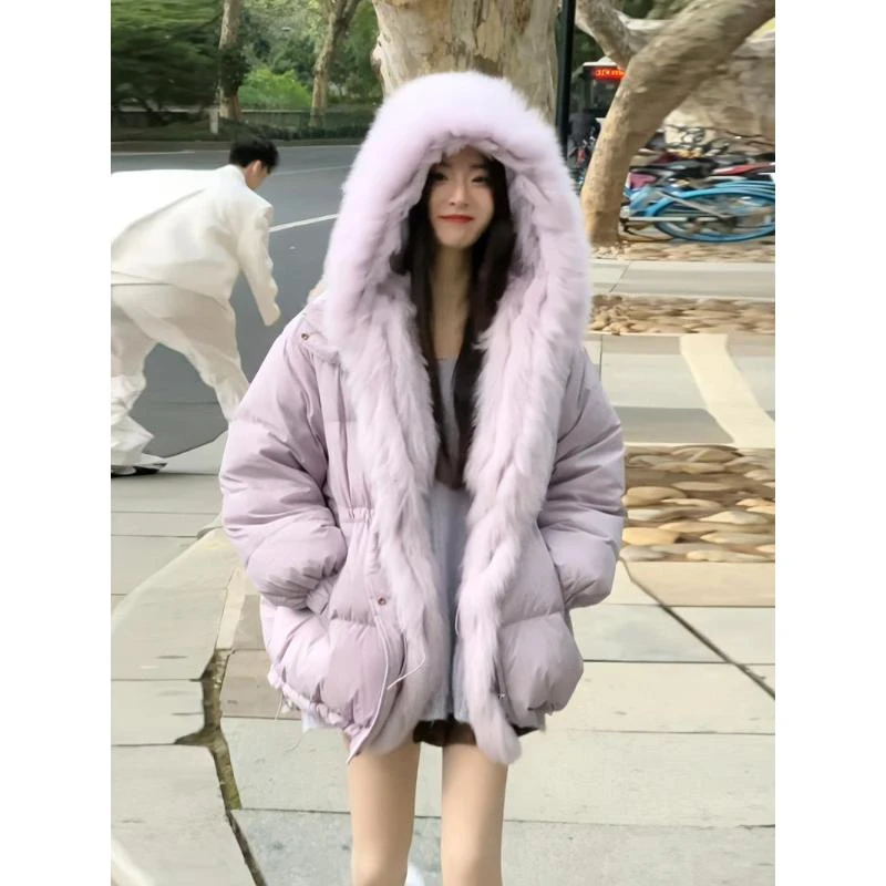 时尚百搭可拆卸仿狐狸毛领羽绒服女冬季2023新款90白鸭绒加厚外套