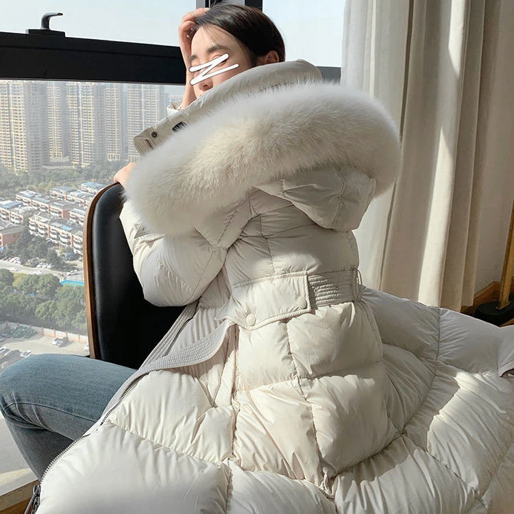 正品高端轻盈狐狸毛白鸭绒绒加厚收腰显瘦连帽长款过膝羽绒服女