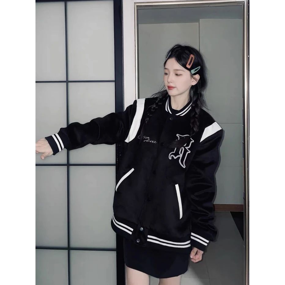 秋冬新款时尚潮流美式棒球服百搭宽松长袖休闲短外套情侣感夹克