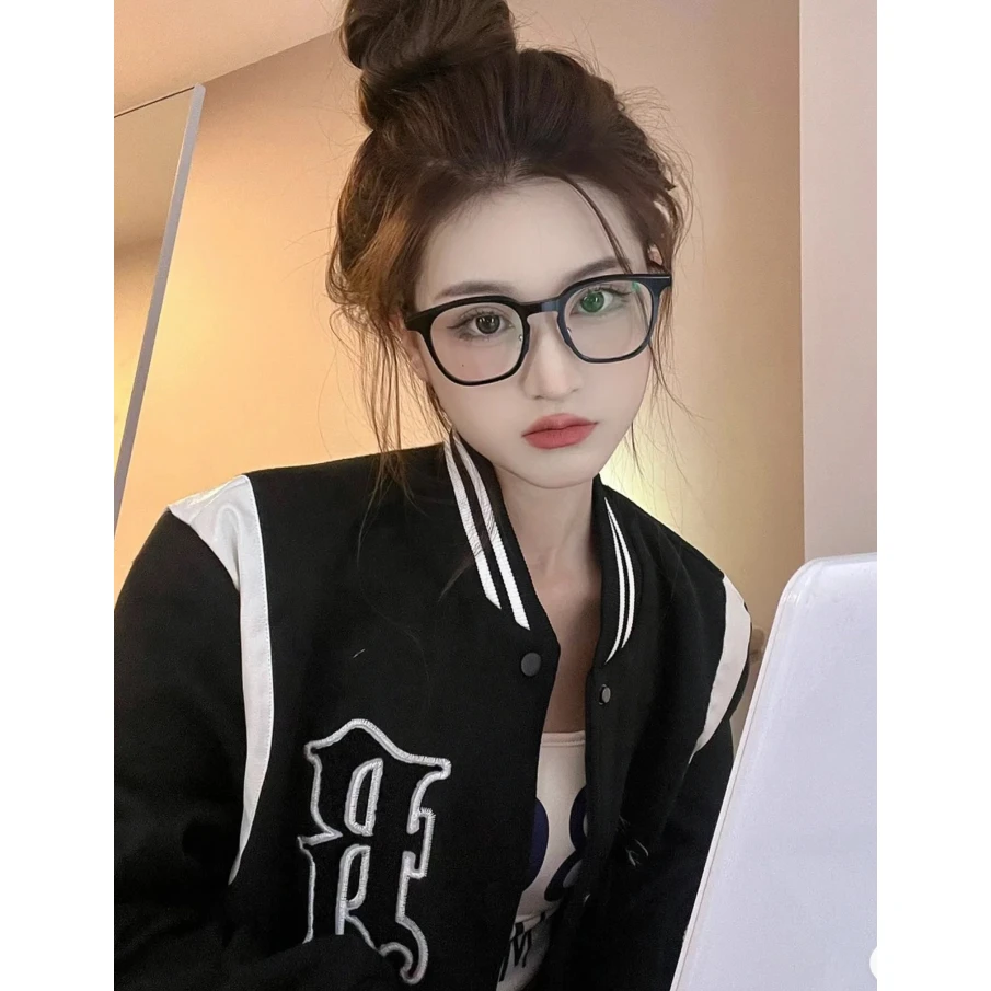 休闲黑色春秋外套 2024秋冬新款骑兵斜纹加内里绣花 棒球服黑白拼