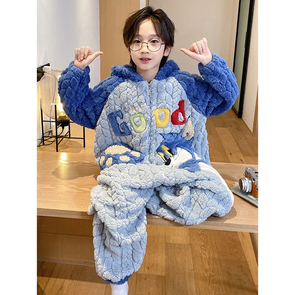 2024睡衣儿童冬季长毛绒连体拉链卡通图案男女童家居服10-18码
