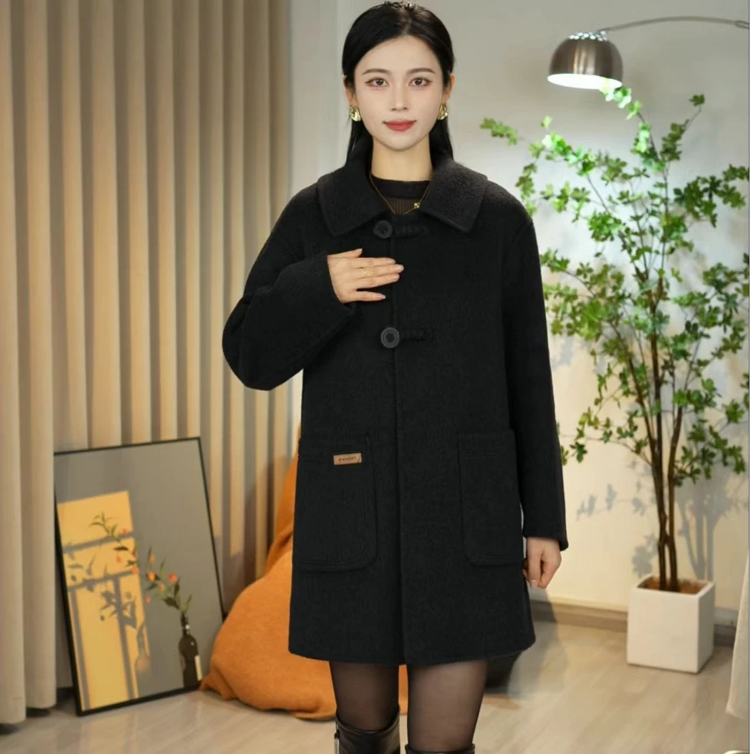 【长毛加厚】秋冬新款高端时尚娃娃领纯手工缝制羊毛大衣显高显瘦羊