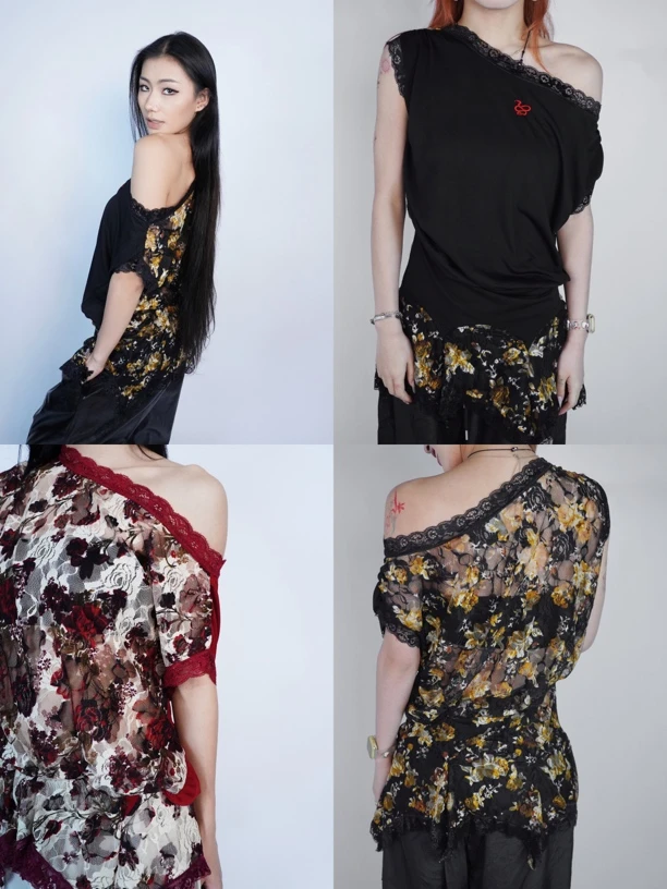 SUANS原创蕾丝裙花边刺绣小蛇复古斜肩正反两穿短袖