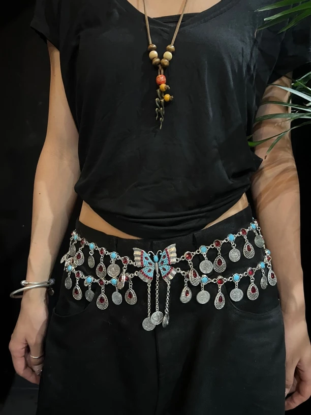 SUANS爵士舞异域肚皮舞太阳花蝴蝶腰链新款印度舞腰臀巾重工腰带