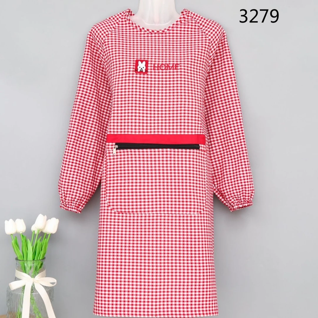 【中长款】纯棉长袖围裙罩衣女透气厨房家用防污拉链口袋反穿工作服