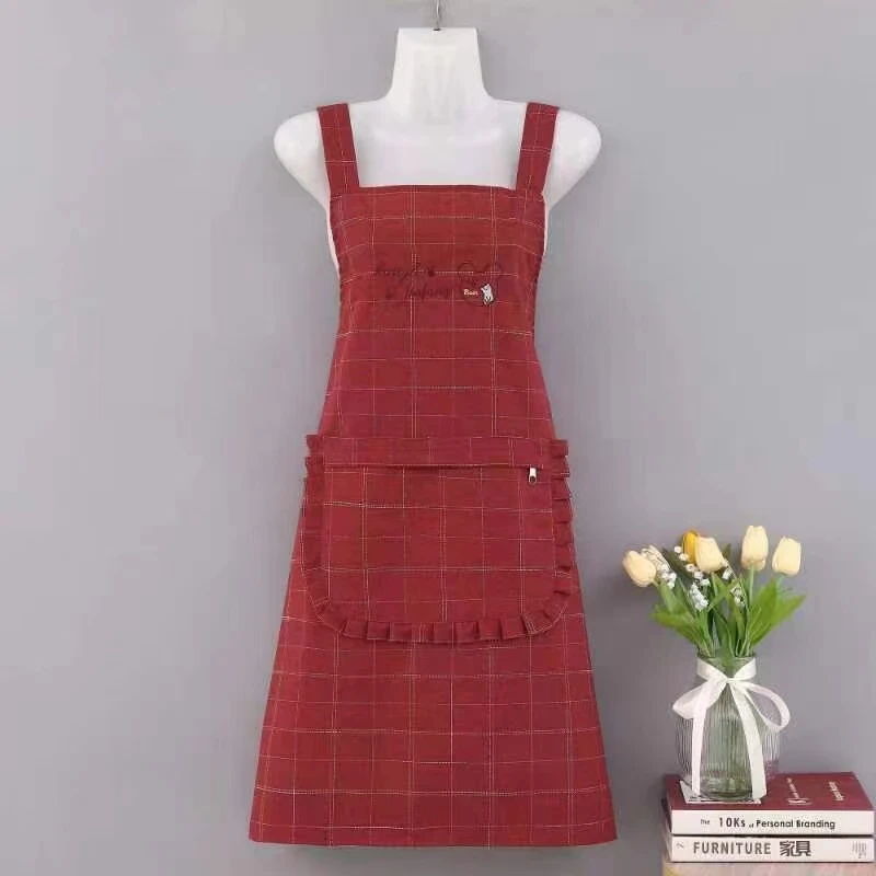 洋气格子纯棉双层围裙家用厨房做饭柔软透气耐脏围腰成人工作服女