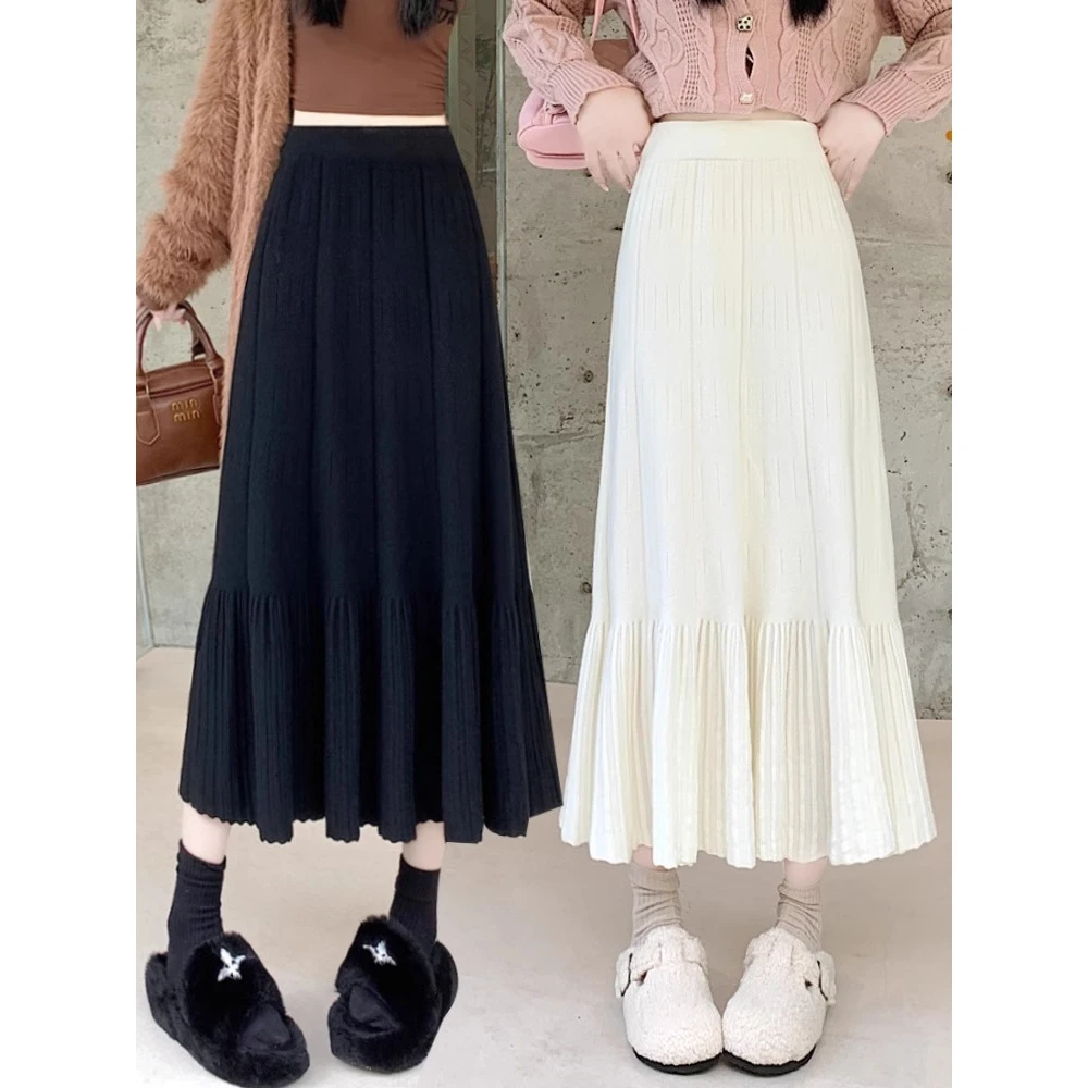 加厚百褶裙针织裙半身裙女秋冬2025新款高腰A字裙中长款伞裙裙子