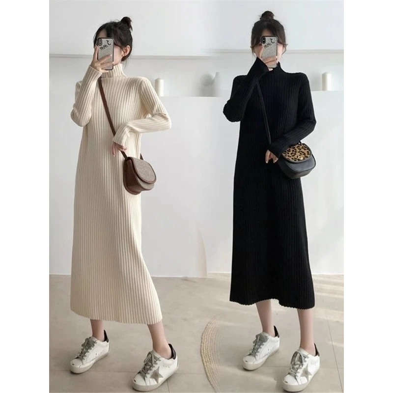 秋冬配大衣毛衣裙直筒宽松半高领毛衣针织连衣裙女过膝打底长裙子