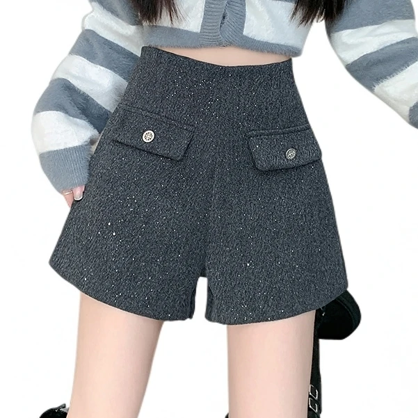 黑色闪闪亮片毛呢短裤女秋冬季高级感气质加厚靴裤休闲a字阔腿裤