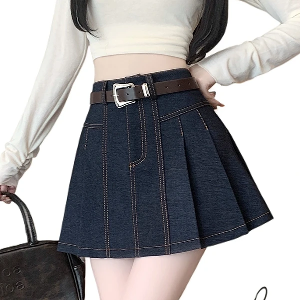 韩版辣妹深蓝色ins时尚半身裙高腰显瘦a字短裙防走光小个子百褶裙