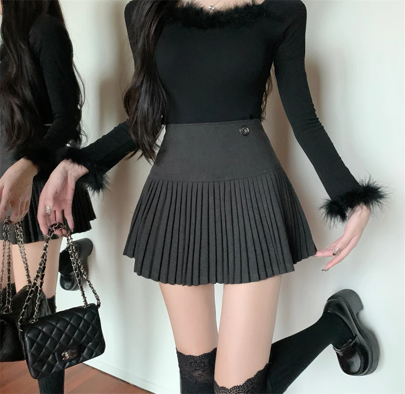 小香风毛呢百褶短裙2024新款秋冬纯欲风辣妹小个子高腰a字半身裙