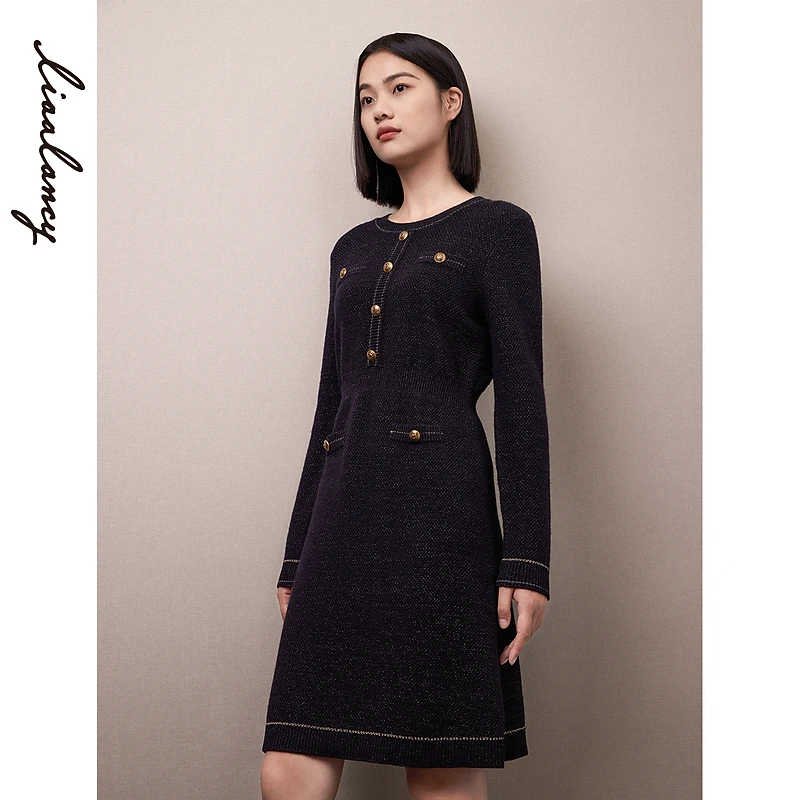 LANCY/朗姿小香风针织连衣裙收腰羊毛裙子女法式轻奢显瘦气质长袖