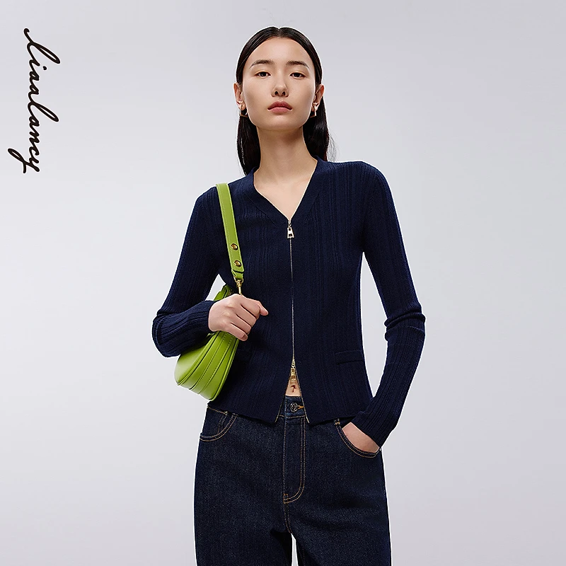 LANCY/朗姿2025年春新款双开拉链修身针织开衫女气质坑条V领上衣