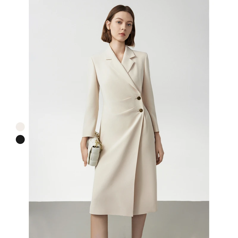 朗姿高级感长袖通勤西装连衣裙2024年春季新款法式气质中长款裙子