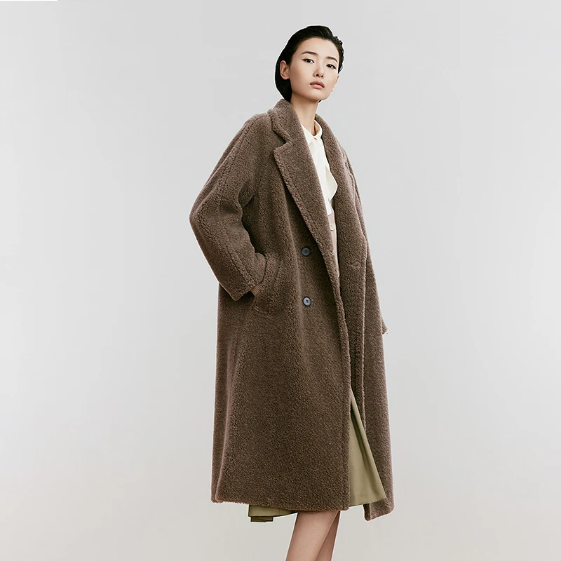 LANCY/朗姿冬季新款高级感羊剪绒大衣中长款外套女时尚复古