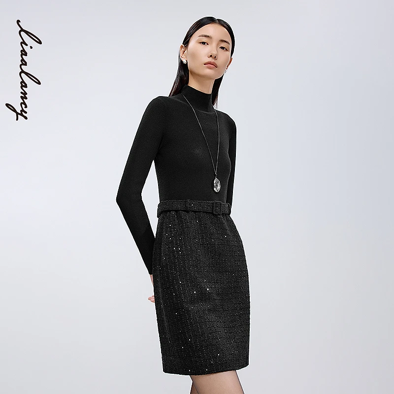 LANCY/朗姿2025春新款半高领针织裙细闪高端秋冬收腰连衣裙女