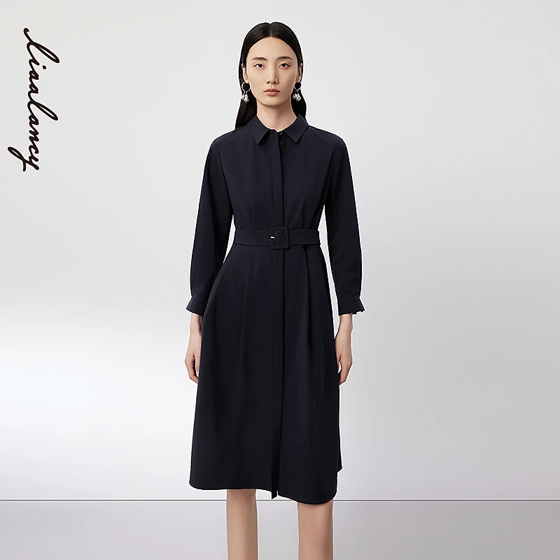 LANCY/朗姿秋季新款女装衬衫领连衣裙女收腰中长款高级裙子气质女