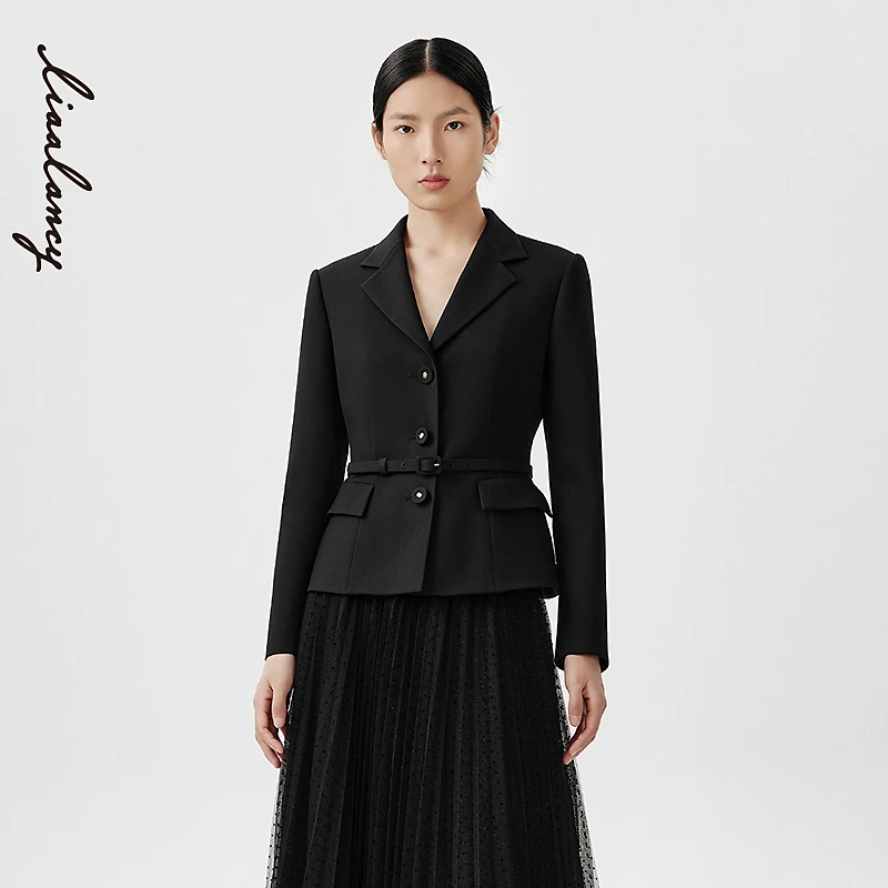 LANCY/朗姿2024春季新款优雅通勤西装外套女黑色短款收腰西服