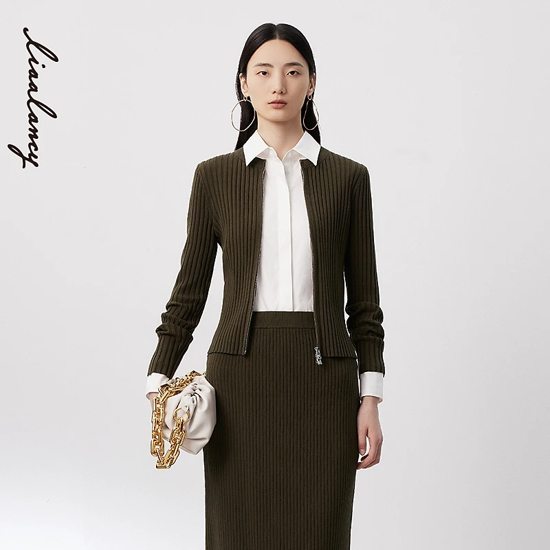 【雅丹风】LANCY/朗姿2024秋季新款坑条针织开衫女拉链修身圆领外套