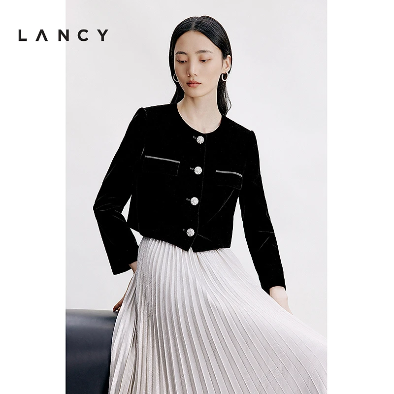 【余男同款】LANCY/朗姿2024秋季钻石丝绒黑色圆领小香风短外套女