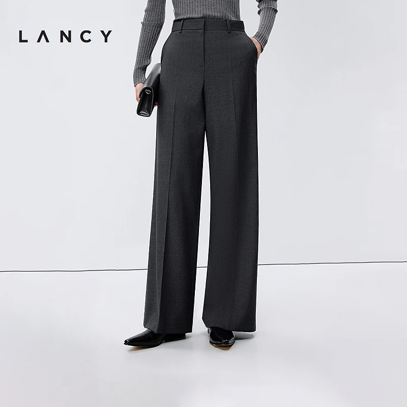 【100%羊毛】LANCY/朗姿2025年春新款高腰阔腿裤灰色休闲西装裤女