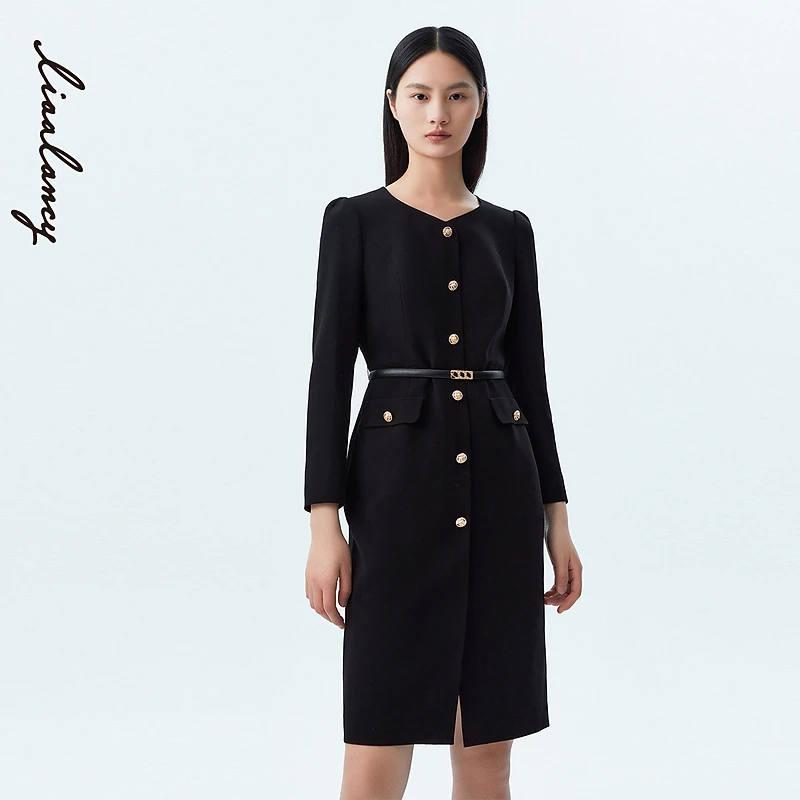 LANCY/朗姿秋季新款法式黑色女款连衣裙子女收腰显瘦设计感