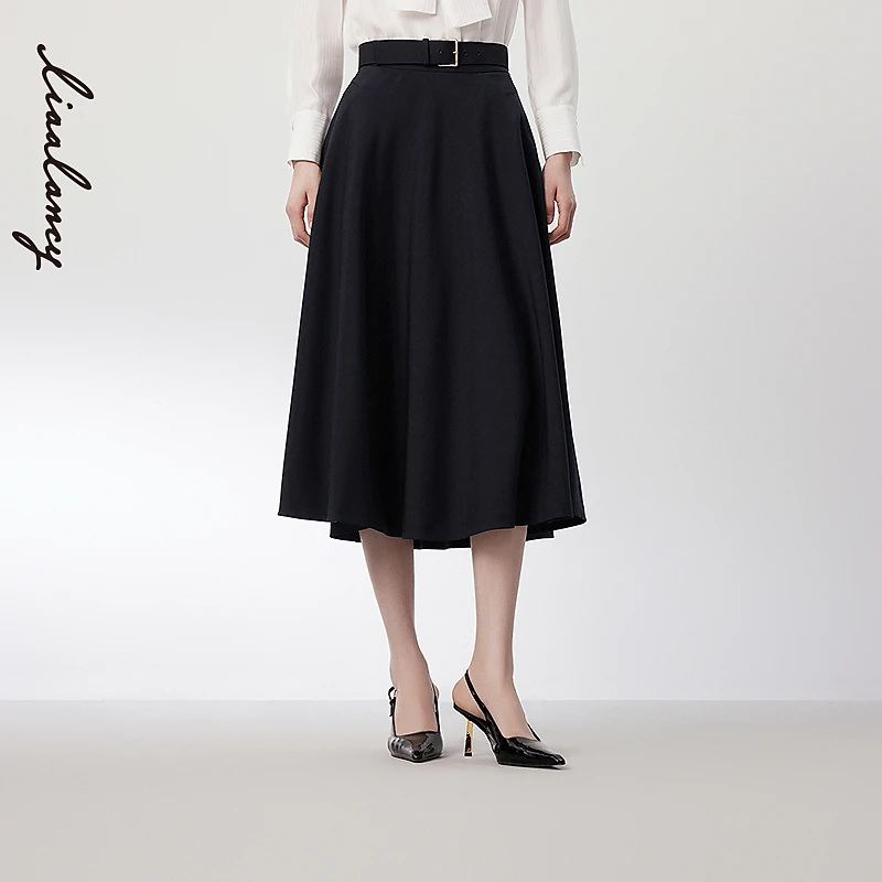 LANCY/朗姿2024新款绵羊毛高腰A字藏蓝半身裙气质中长半裙女显瘦