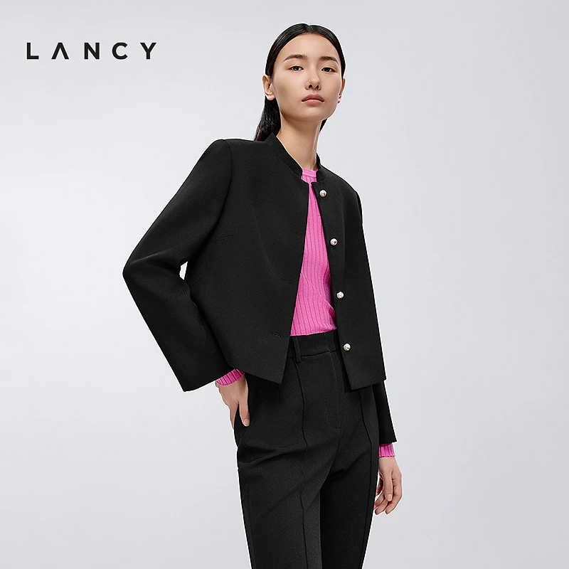 LANCY/朗姿2025年春新款时尚立领珍珠扣短款外套女优雅气质上衣