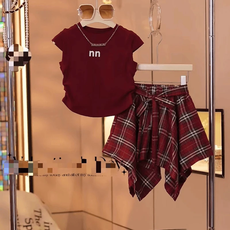 现货圆子家 女童夏装套装中大童洋气休闲红色夏季格子两件套8925