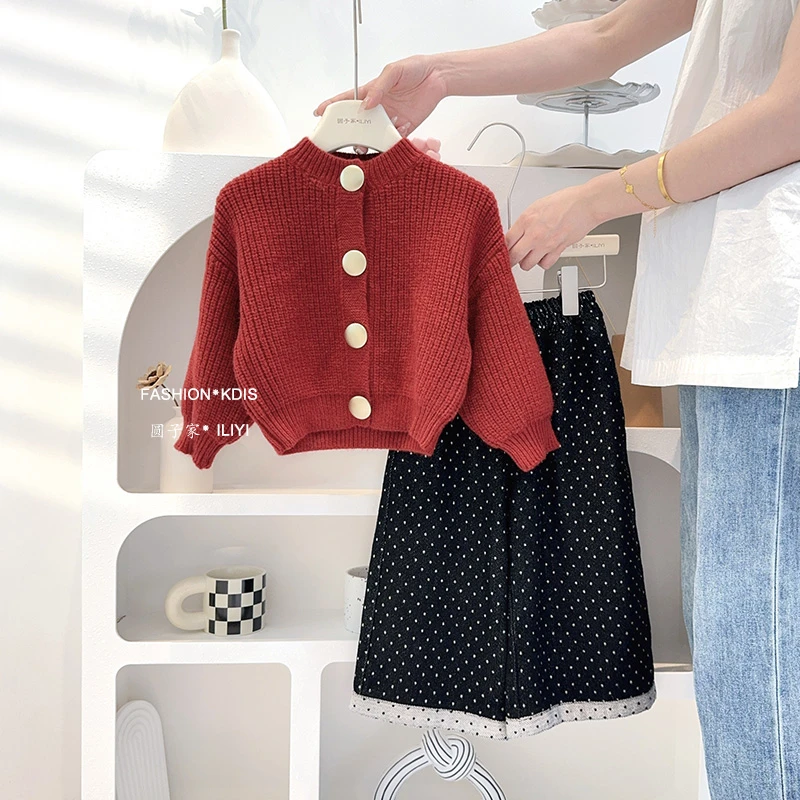 圆子家 儿童洋气女童装秋女宝宝童装毛衣外套裤子春秋装套装9060