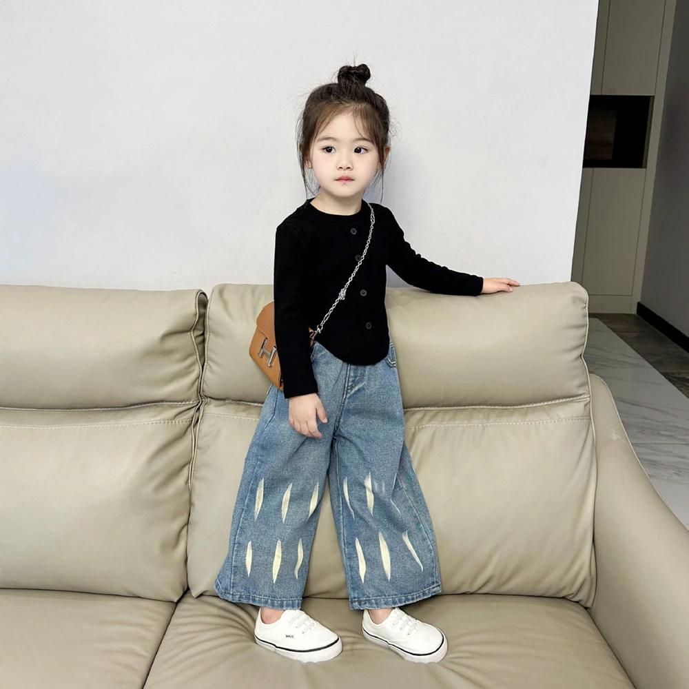 【圆子家】女童春秋款儿童牛仔裤宝宝阔腿长裤长袖t恤套装8022