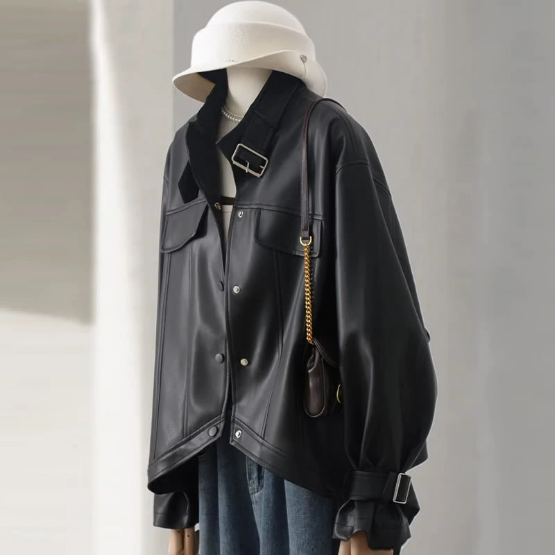 2025春季新款港味甜酷气质PU皮短外套女黑色立领单排扣上衣夹克