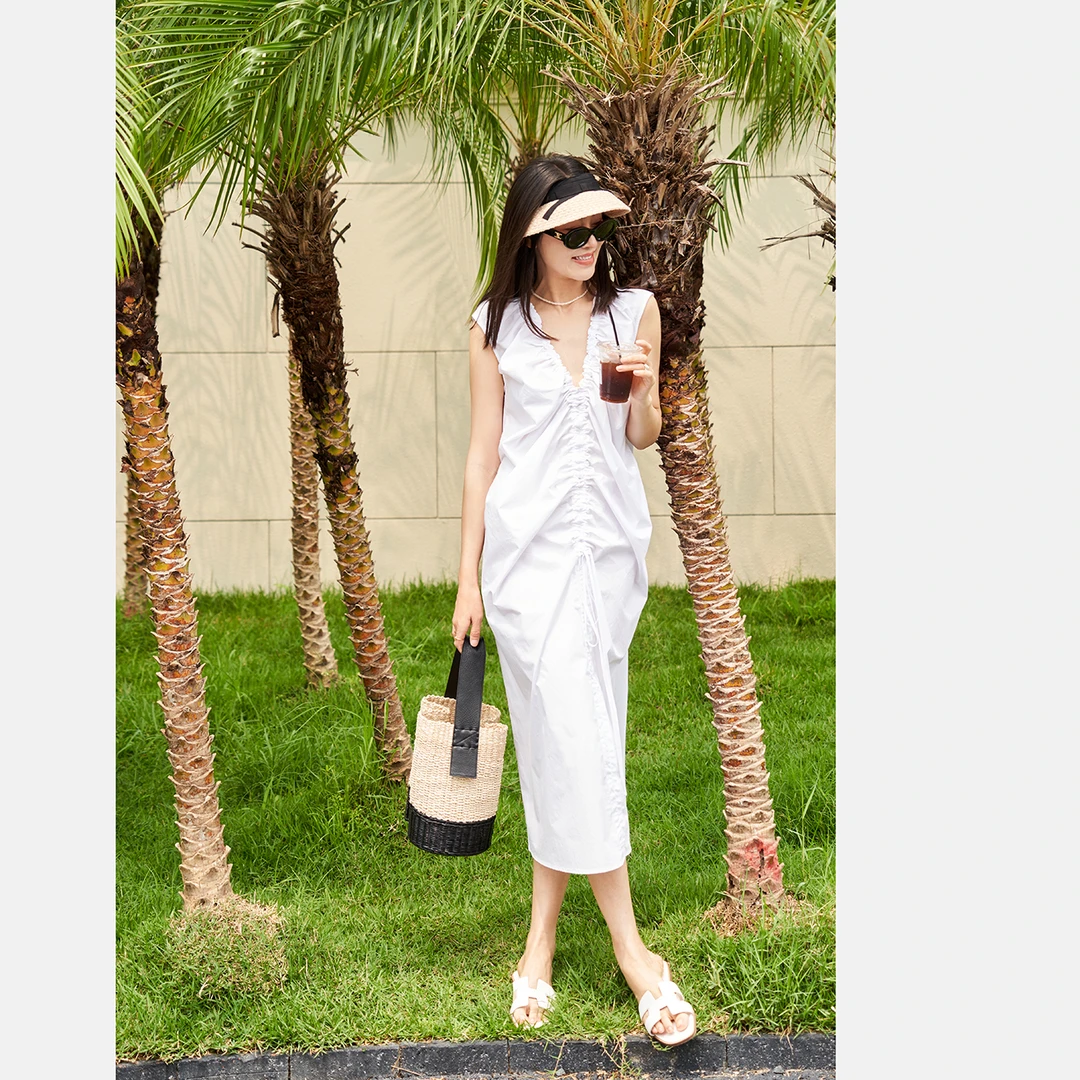 【FELOCCA】褶皱V领无袖设计师款连衣裙   CC1362