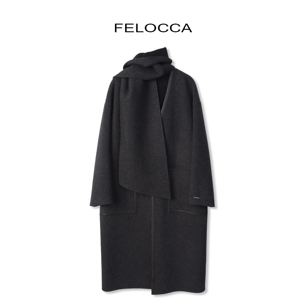 【FELOCCA】双口袋装饰毛呢外套+围巾保暖两件套  BA-043