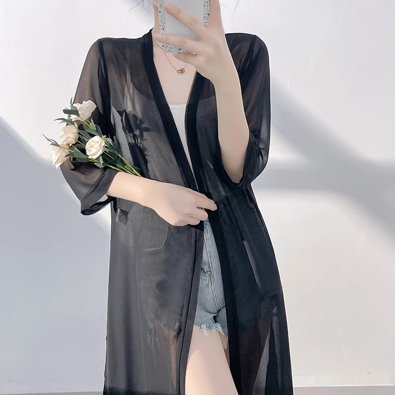 2025夏季新款桑蚕丝薄款防晒沙滩长款女开叉飘逸度假外披大码宽松