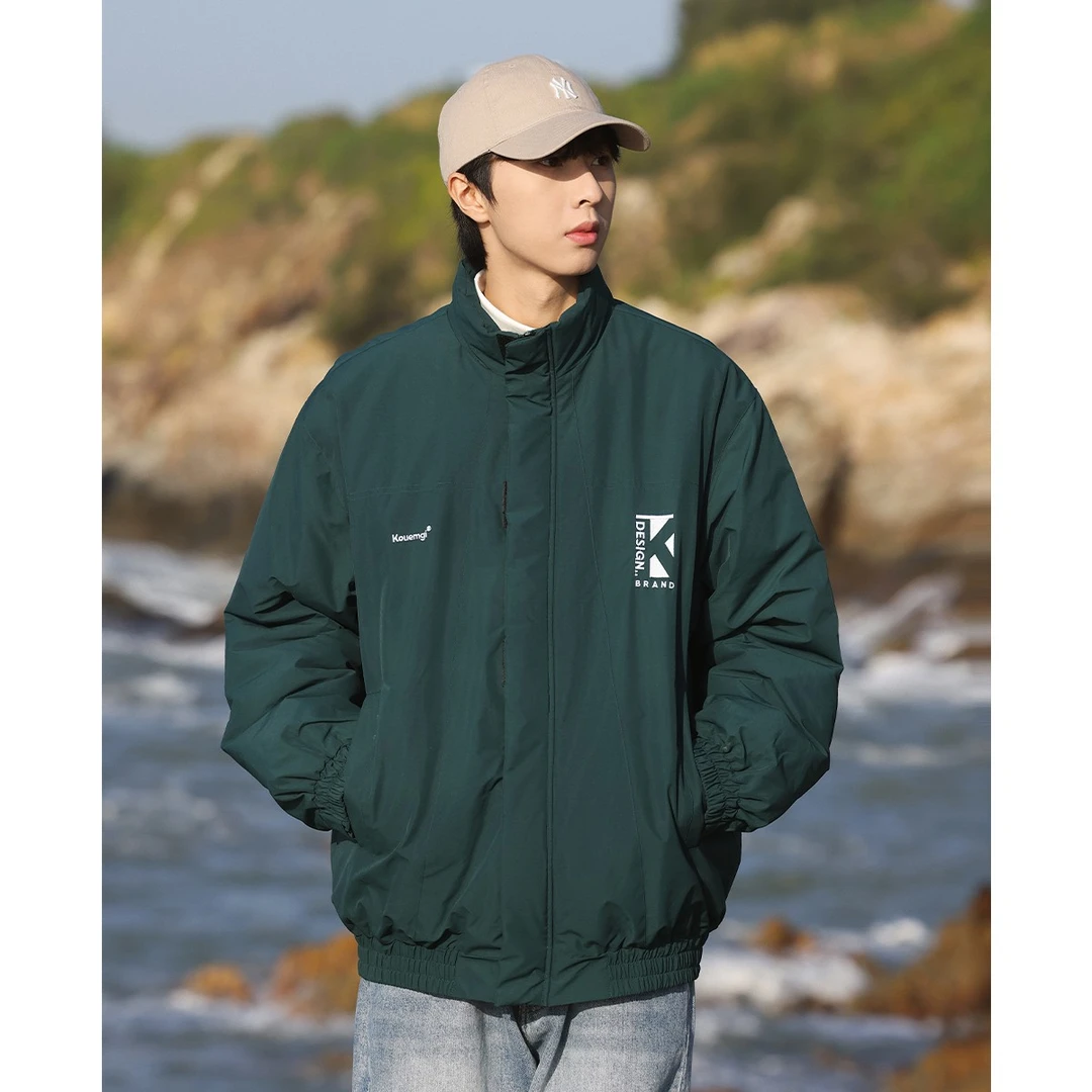KOUEMGI/空味日系K字双绣花拼接插袋棉服外套男基础款保暖棉衣