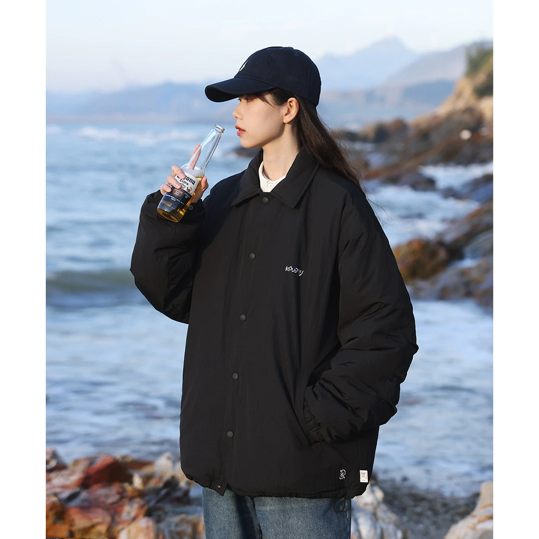 KOUEMGI/空味日系冬季基础廓形字母绣花棉服夹克开衫纯色情侣外套