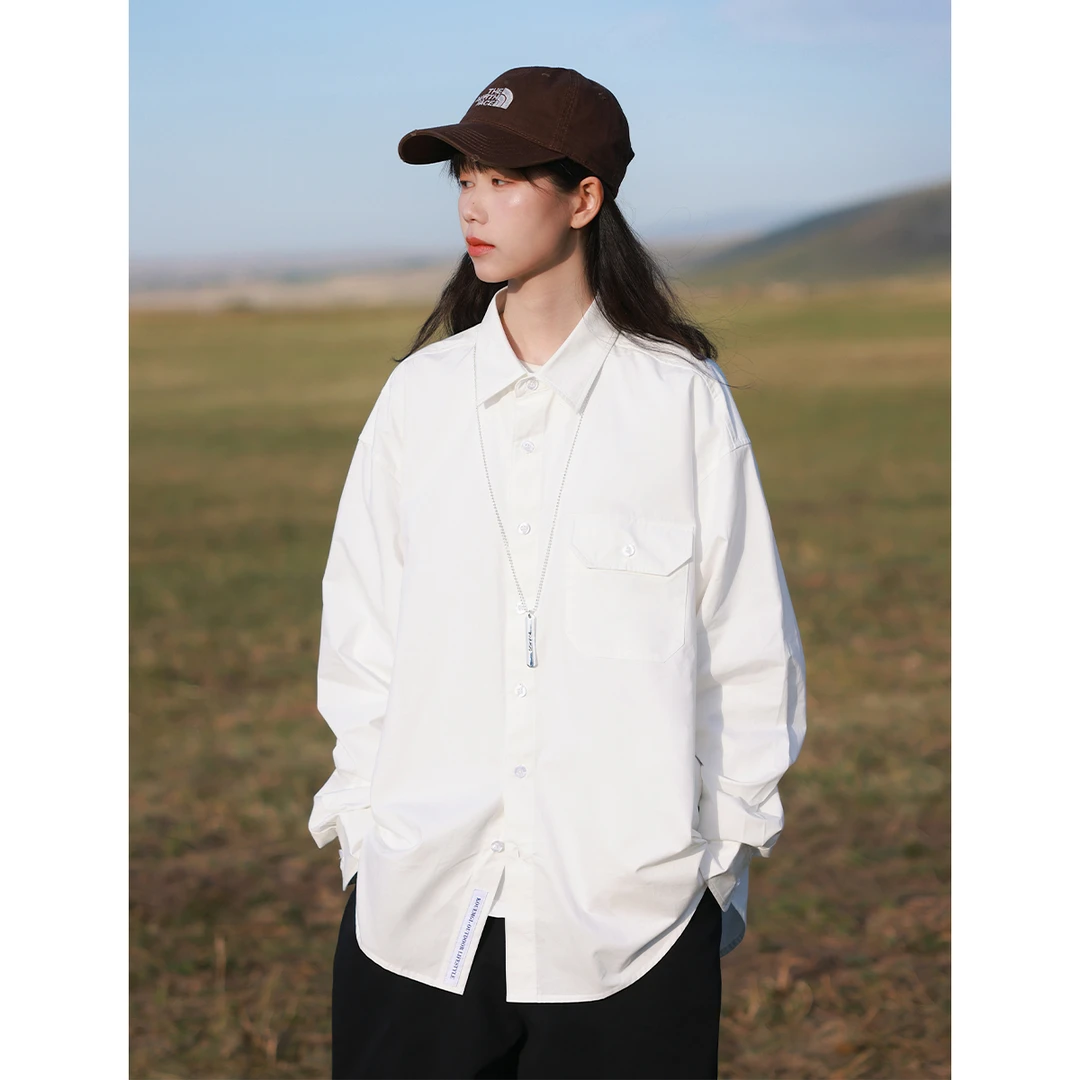 KOUEMGI/空味日系长袖衬衫男潮牌纯色简约港风宽松情侣休闲外套