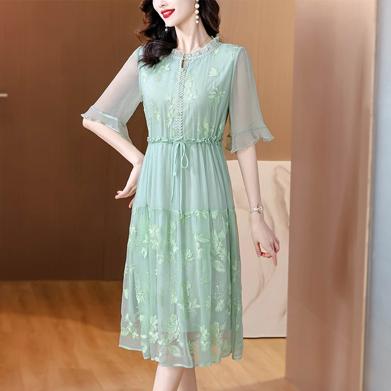断码福利（冰雪女皇）桑蚕丝连衣裙气质2024刺绣v领大裙摆显瘦裙子