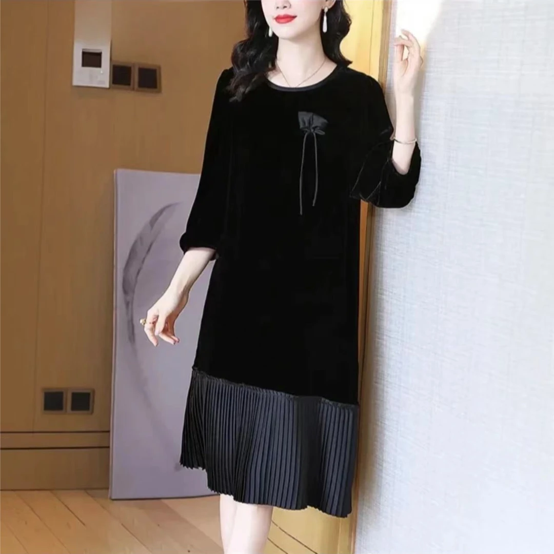 01（黑天鹅）南油高定2024年时尚显瘦长袖百搭女士真丝丝绒连衣裙