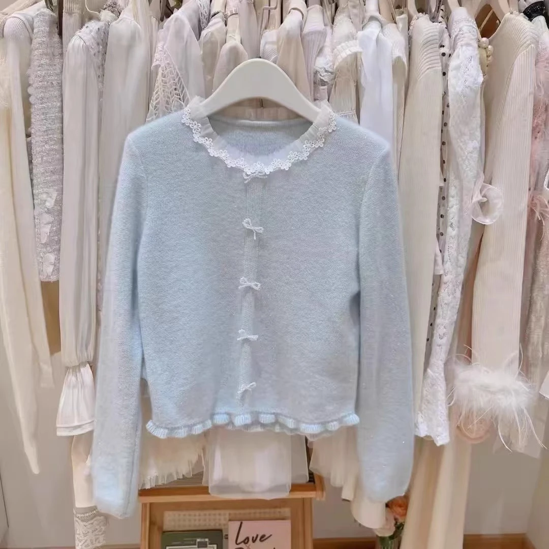 深圳南油女装高端广州十三行上衣法式蝴蝶结蕾丝边领针织毛衣秋冬