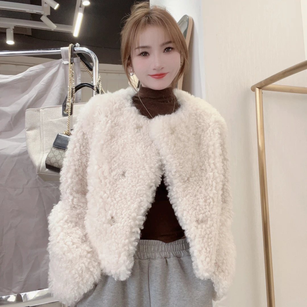 JIAY”糖霜芭莎“ 进口皮毛一体圆领短款宽松冬季皮草外套女真皮