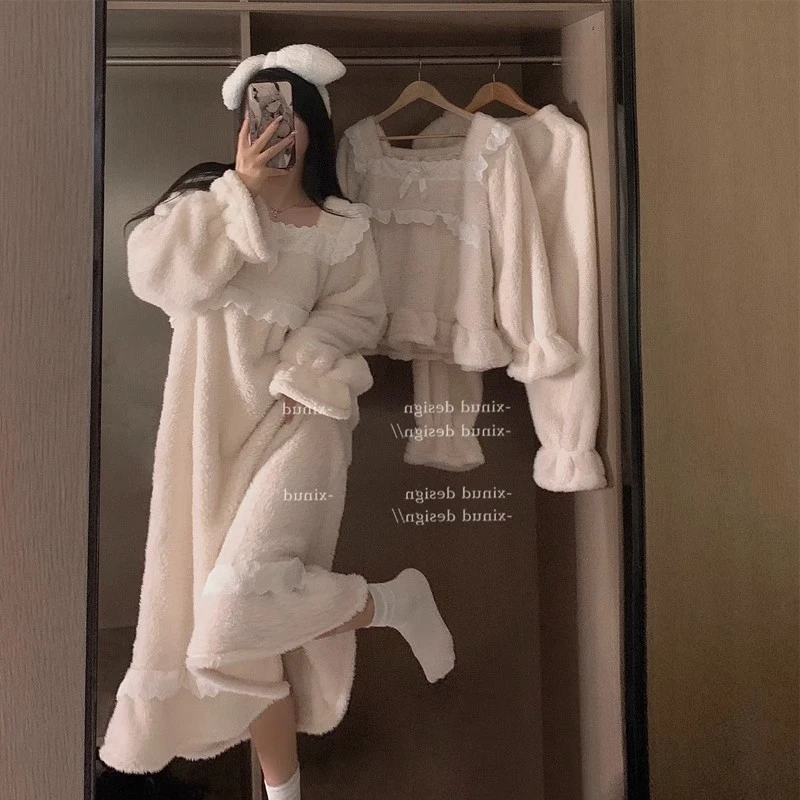 张子萱同款珊瑚绒睡衣女款秋冬季冬天宫廷风加厚睡裙法兰绒家居服