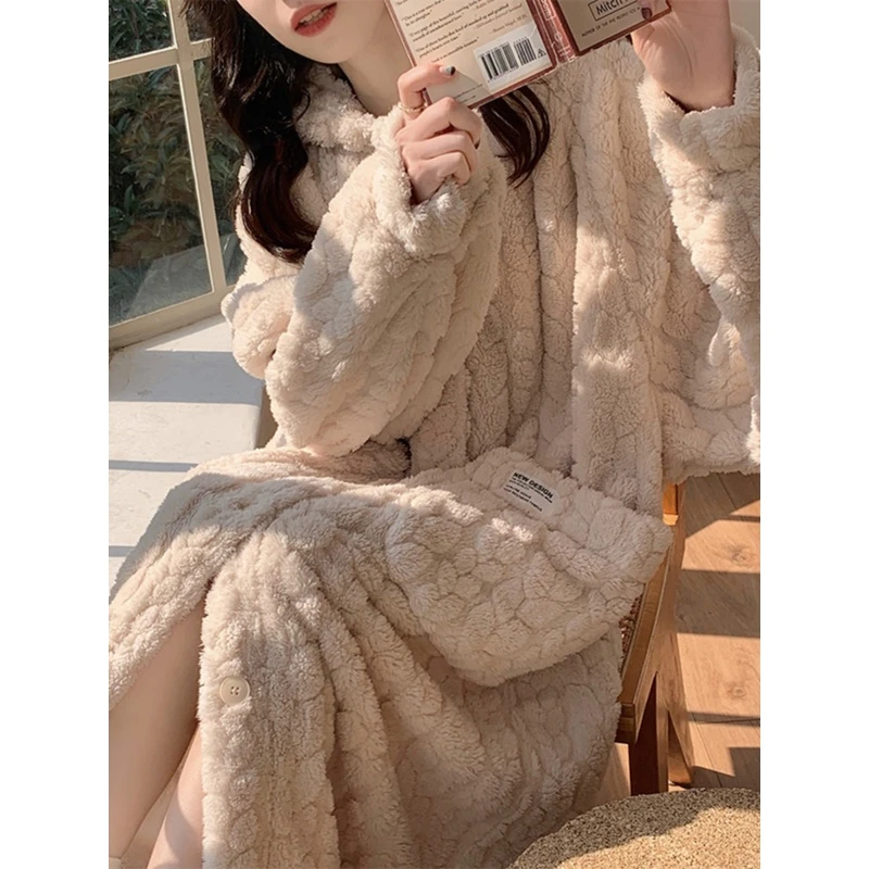 【Yamy专属】睡袍女秋冬季珊瑚绒加绒加厚连帽浴袍保暖长款睡衣外穿