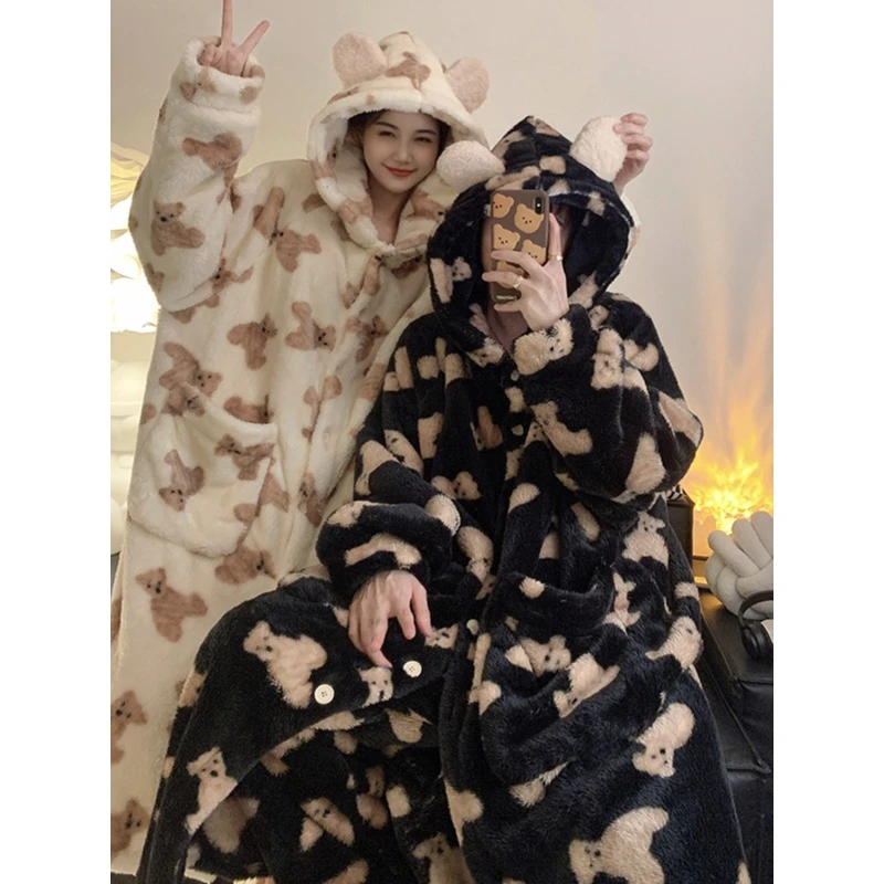 情侣睡衣女秋冬季珊瑚绒睡袍浴袍男士卡通小熊冬款加厚加绒家居服