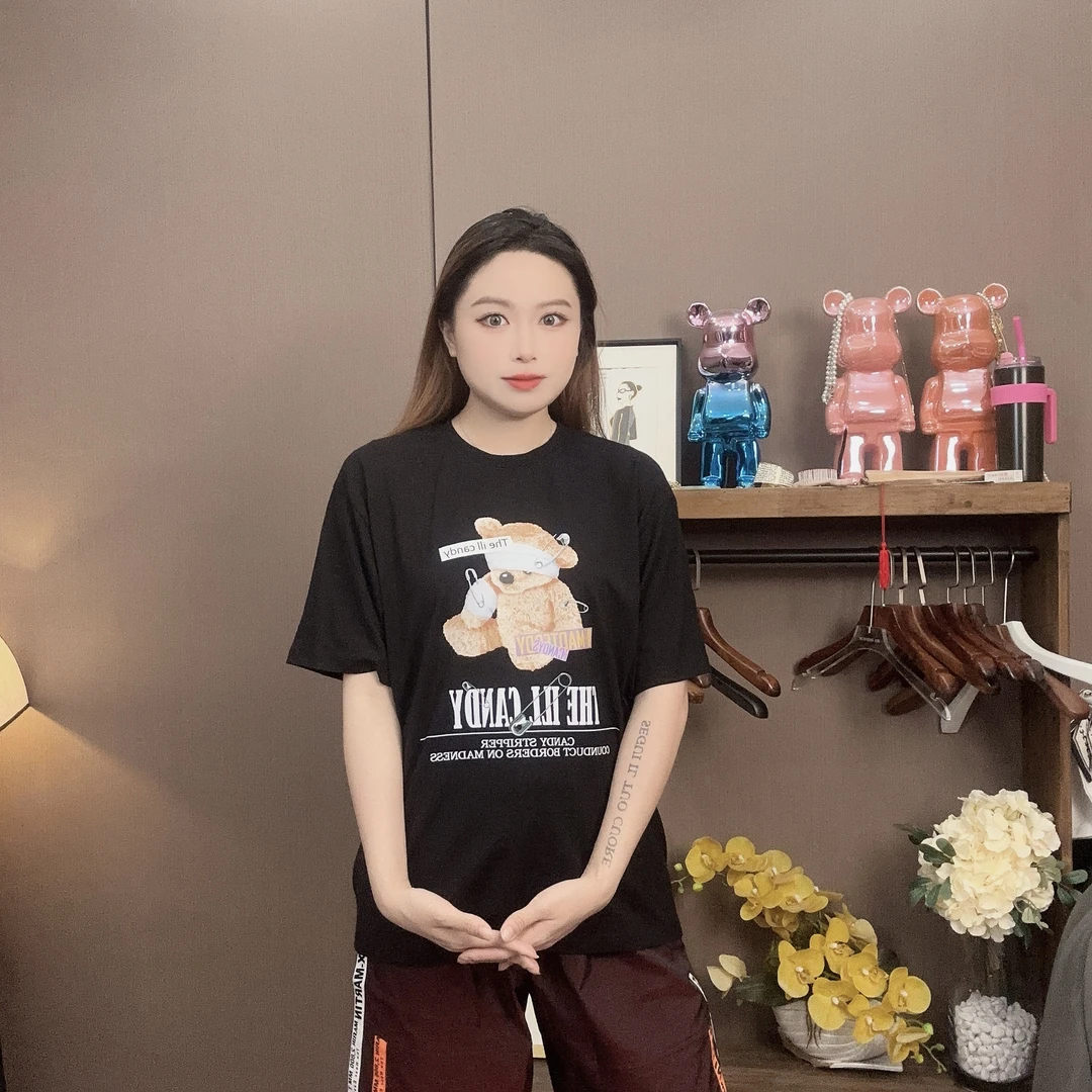 受伤毛绒熊高考毕业季舒适休闲百搭宽松印花设计师圆领针织黑色