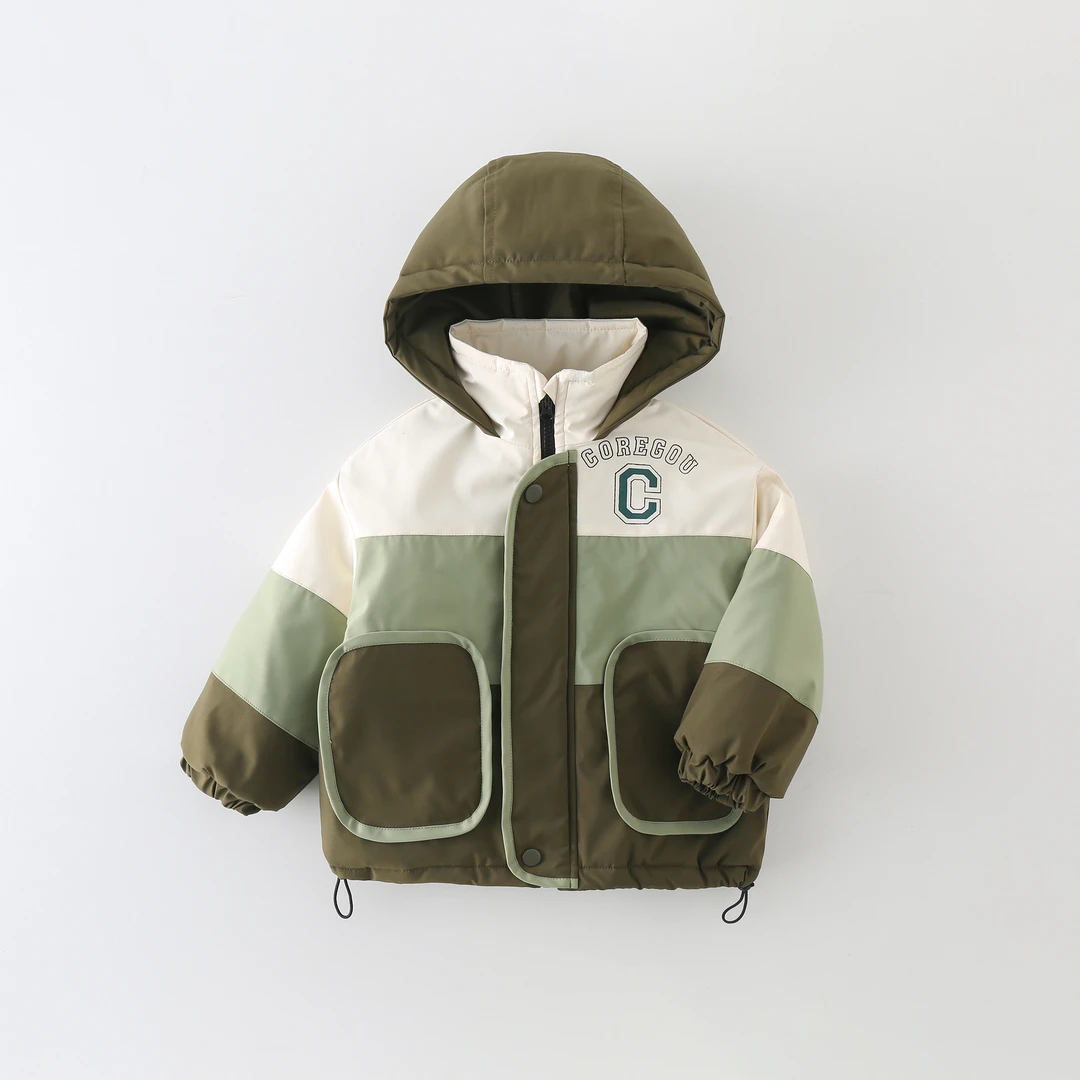 儿童2024秋冬新款夹棉加厚连帽拼色中大童儿童加厚洋气棉服外套