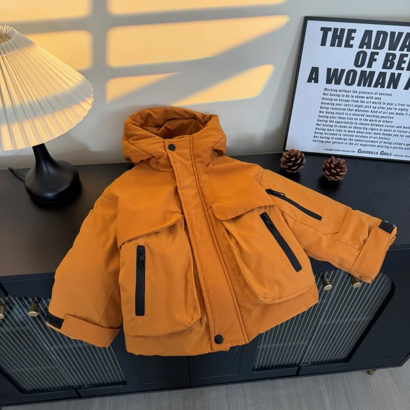 儿童加绒加厚棉服2024新款休闲百搭纯色多口袋保暖中小童棉服